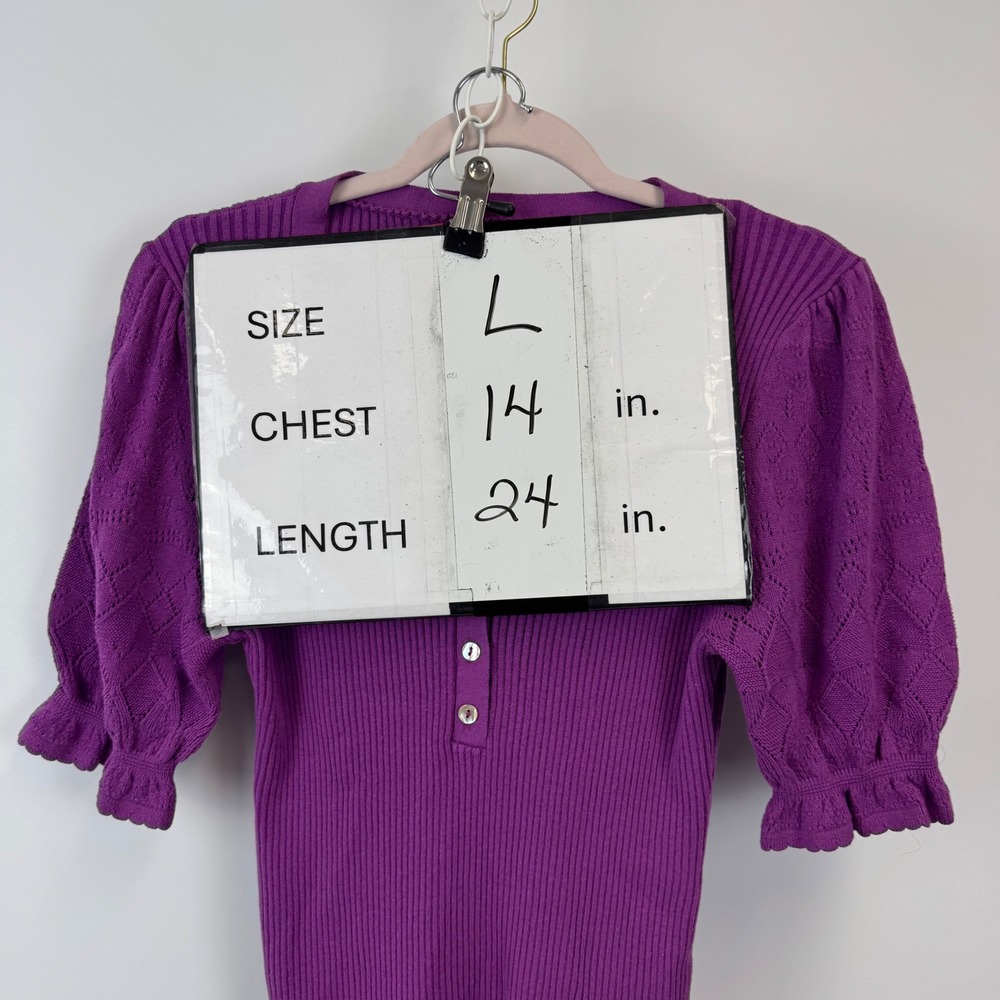 Sundance Purple Ribbed Henley Top Organic Cotton Pointelle Puff Sleeve Large New - Picture 3 of 13